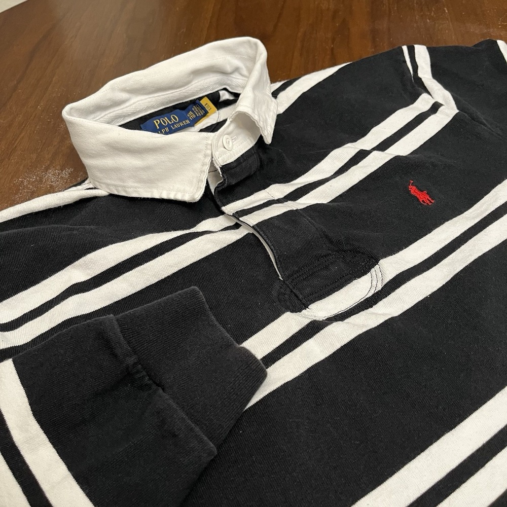 Polo Ralph Lauren Rugby Shirt Mens 2XL White Black Striped Pony Long Sleeve